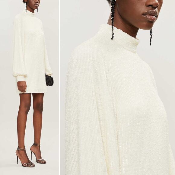 ALEXIS Lunia Sequined High Neck Blouson Sleeve Dress In Ivory Size Small Sexy - Picture 1 of 16